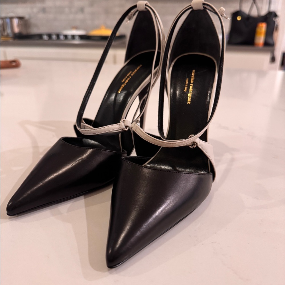Black and Cream Stiletto Heels with Ankle Strap